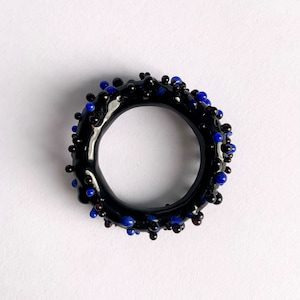Designer Murano glass ring, Contemporary modern lampworking dots cluster sculpture eternity band, bold color black blue unique gift for her