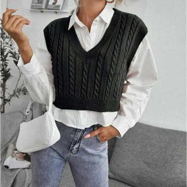 Ediodpoh Women's Preppy Style Knitwear Tank Top Sleeveless V-Neck Vintage Sweater Vest Pullover Sweater for Women Black L - Walmart.com