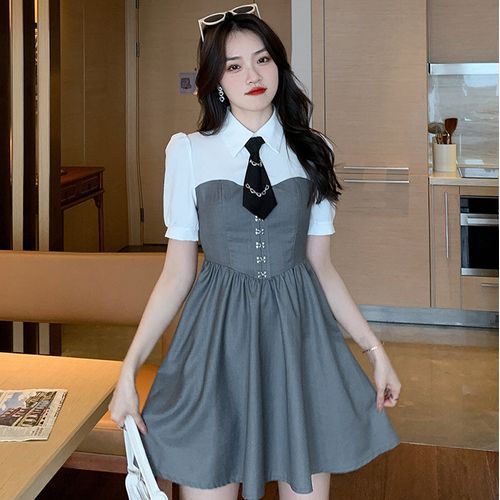 Hasu - Mock Two-Piece Short-Sleeve Hook And Eye Mini A-Line Dress | YesStyle