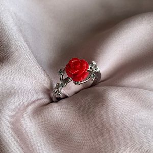 silver rose ring for women elegant silver floral ring gorgeous red rose ring romantic gift dainty blooming flower ring unique gift for her