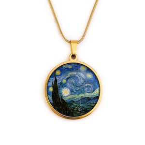 Woman necklace, cabochon, Van Gogh, Starry Night, gold, silver, blue, woman gift, woman jewelry